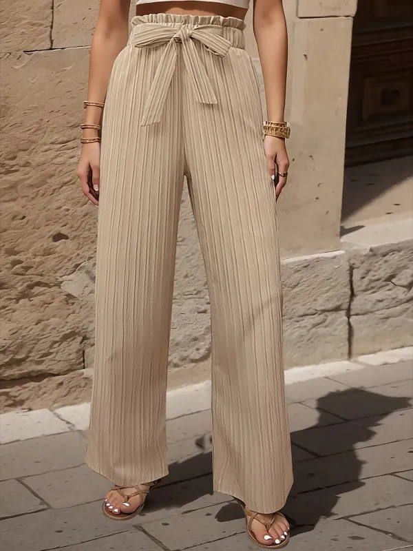 Ruffle Bow Tie Straight Legs Textured Paper Bag Pants sold by Allegra K