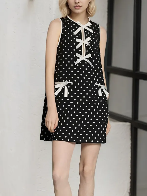Round Neck Sleeveless Polka Dot Bow Mini Dress sold by Allegra K