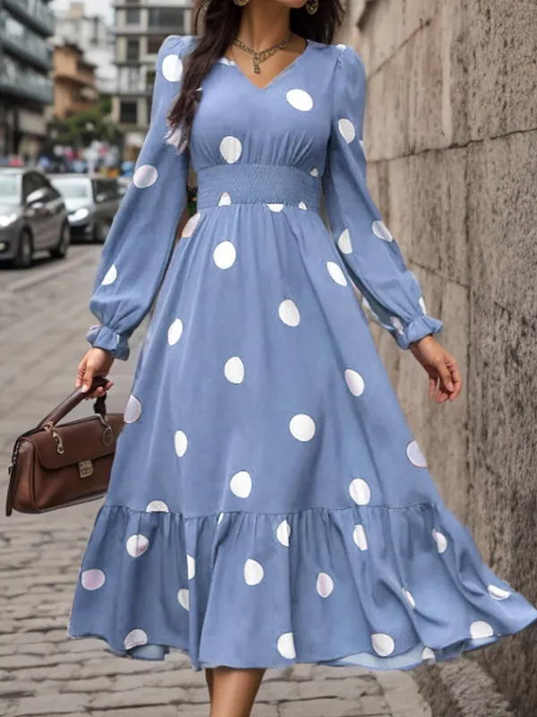 Polka Dots Print V Neck Long Sleeve A-Line Swing Dress sold by Allegra K