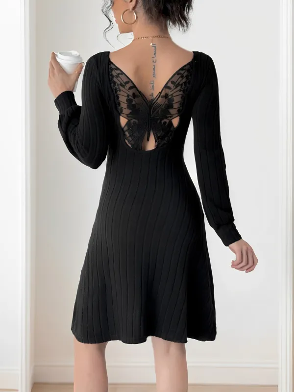 Butterfly Lace Patchwork Knitted Long Sleeves Sweater Dress sold by Allegra K