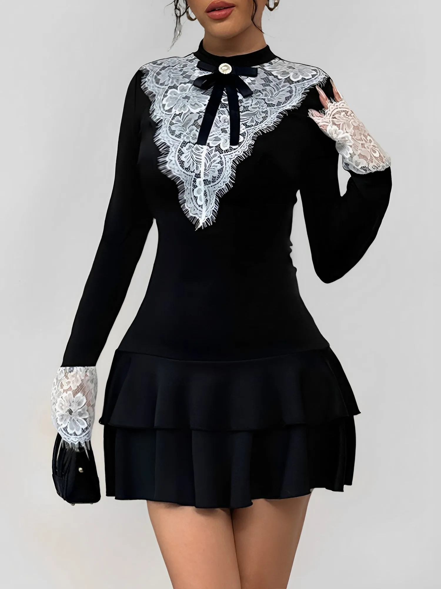 Colorblock Lace Patchwork Mini Ruffle Tiered Dress sold by Allegra K product image thumbnail 5