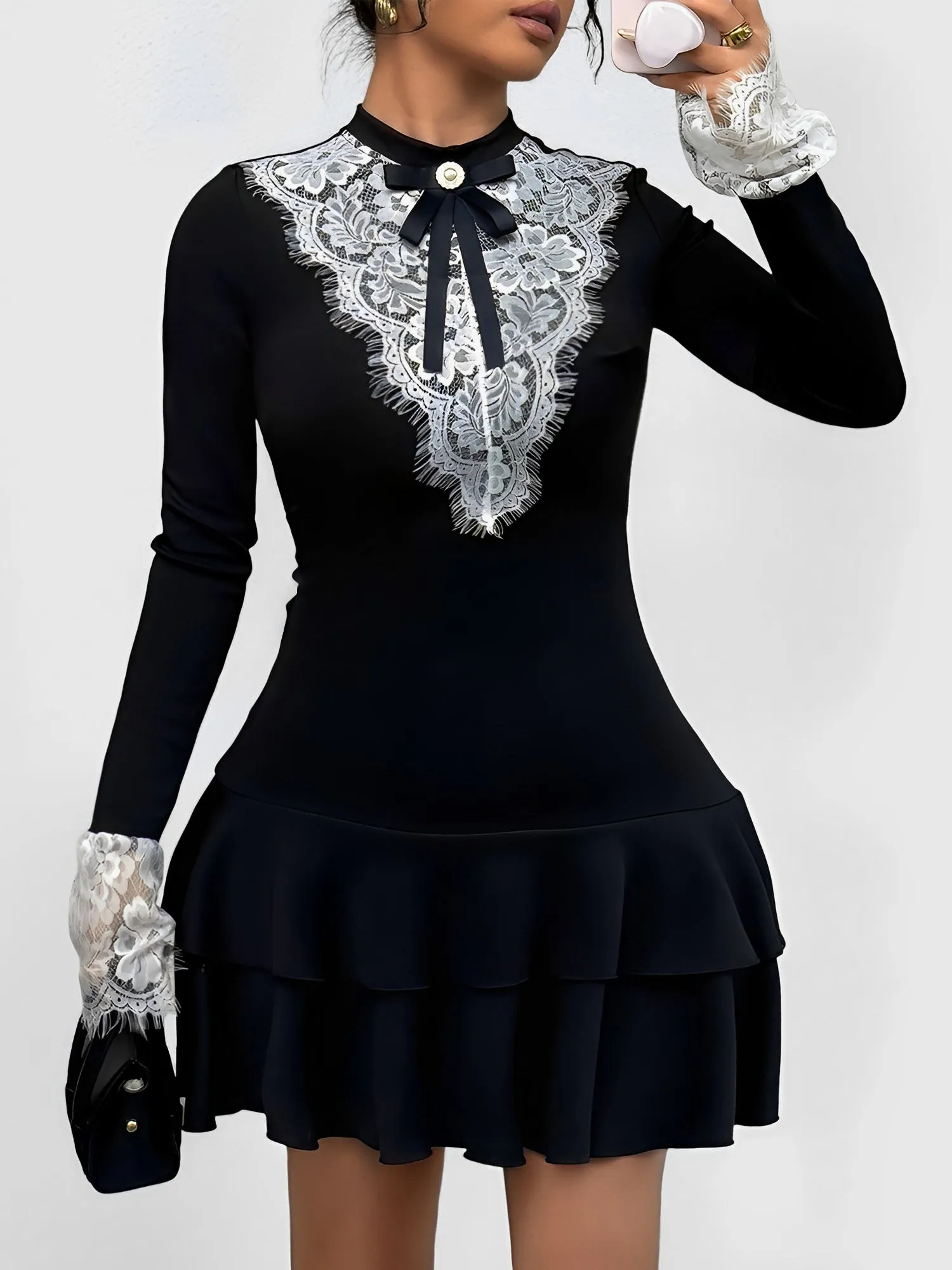 Colorblock Lace Patchwork Mini Ruffle Tiered Dress sold by Allegra K product image thumbnail 3