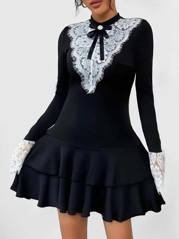 Colorblock Lace Patchwork Mini Ruffle Tiered Dress sold by Allegra K