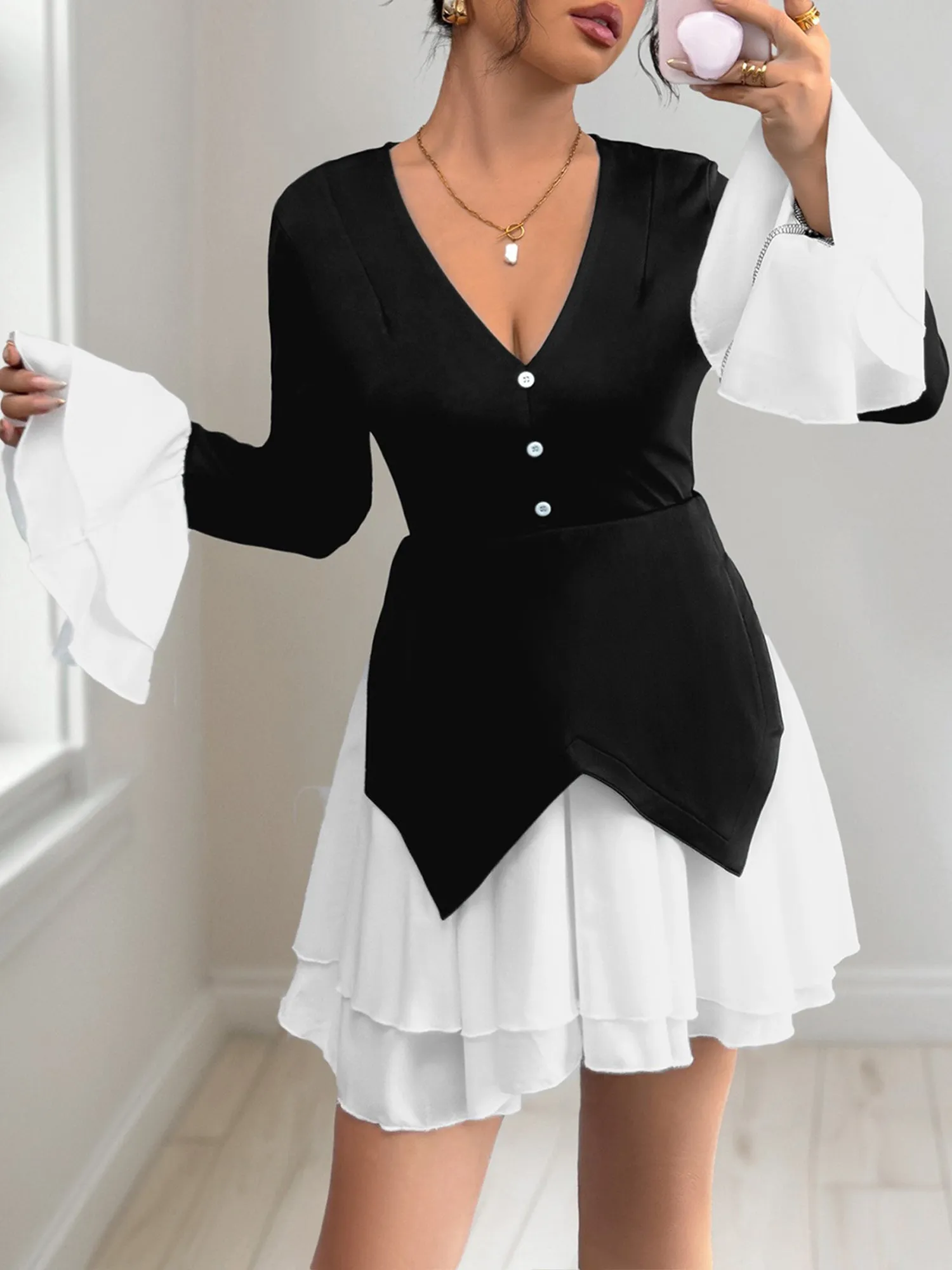 Colorblock V Neck Long Sleeves Ruffle Mini Dress sold by Allegra K product image thumbnail 4