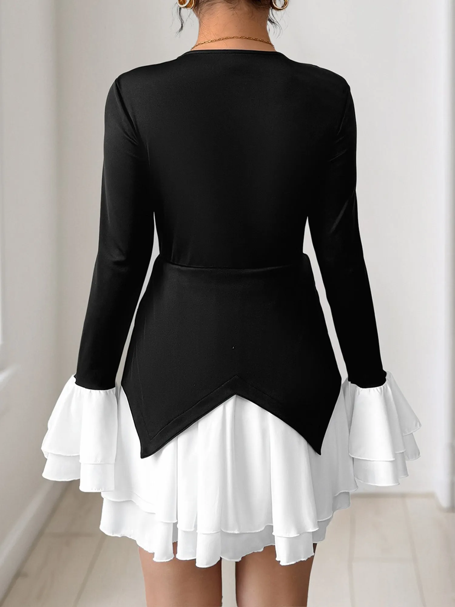 Colorblock V Neck Long Sleeves Ruffle Mini Dress sold by Allegra K product image thumbnail 2