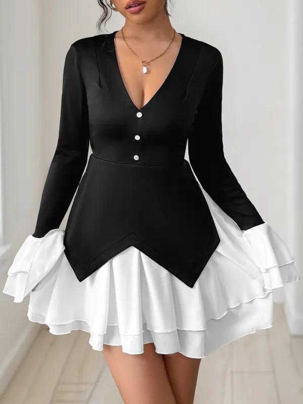 Colorblock V Neck Long Sleeves Ruffle Mini Dress sold by Allegra K