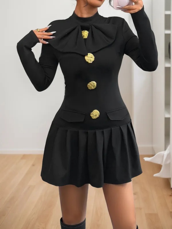 Mock Neck Button Decor Bow Mini Pleated Dress sold by Allegra K