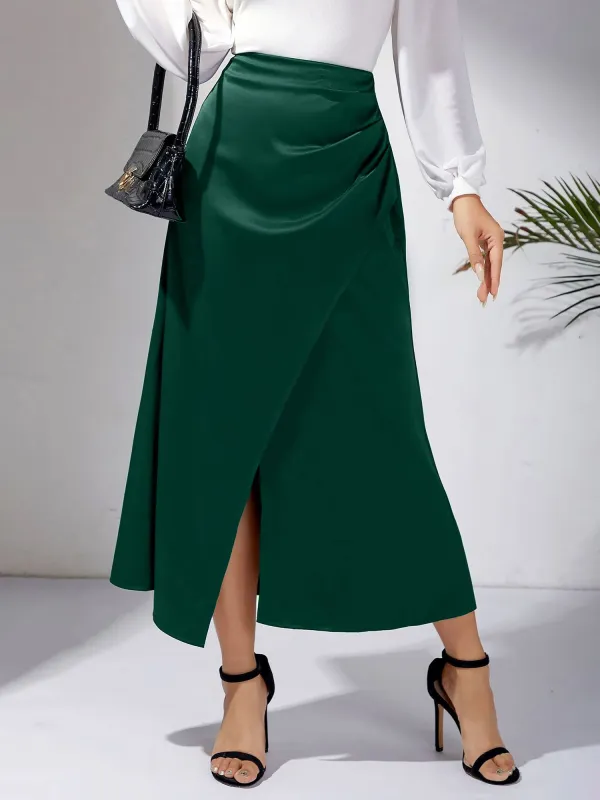 High Waist Satin Solid Color Ruched Slit Midi Skirt sold by Allegra K