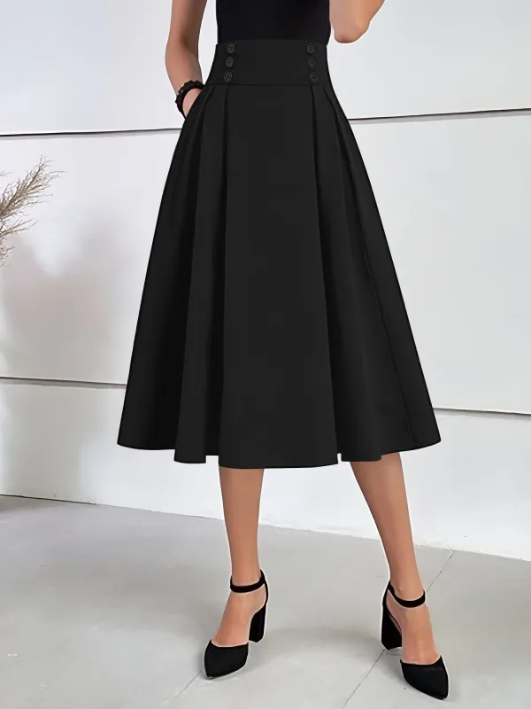 Solid Color Pleated Elastic Waist Pocketed A-Line Midi Skirt sold by Allegra K