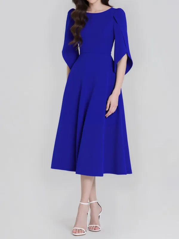 Round Neck Puff 3/4 Sleeves A-Line Midi Dress sold by Allegra K