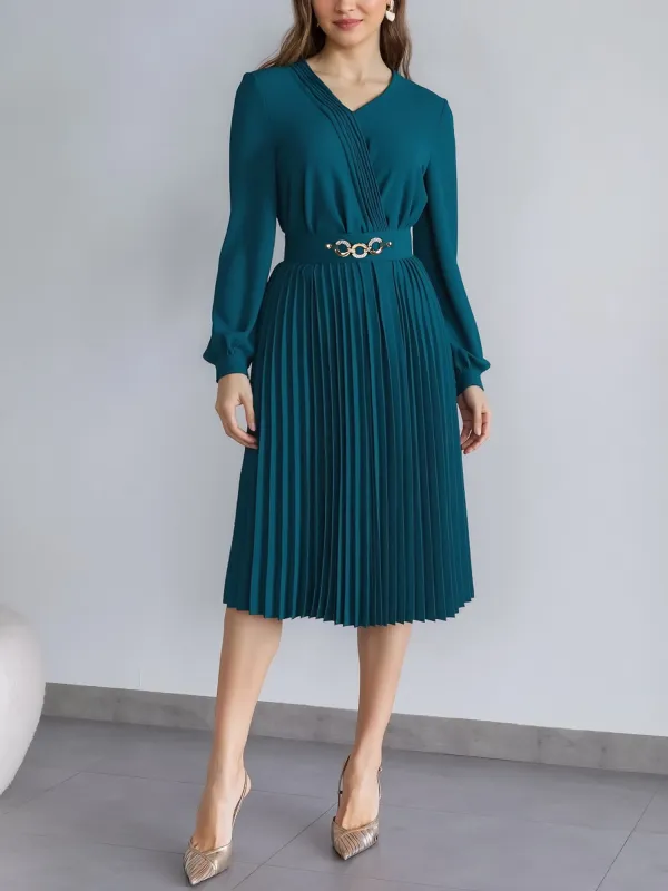 V Neck Long Sleeves Belted Pleated Midi Dress sold by Allegra K