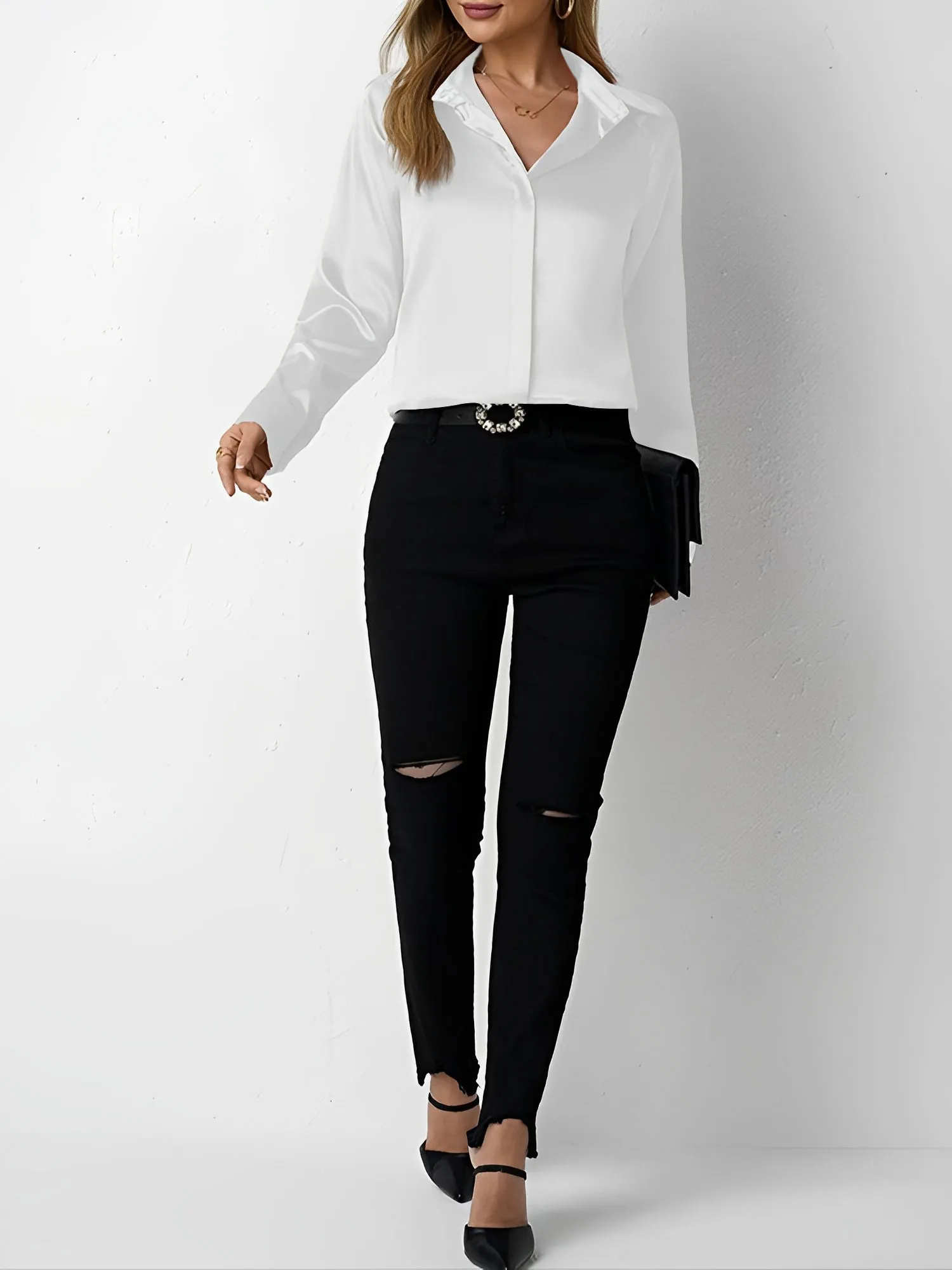 Satin Collared Solid Color Long Sleeves Work Blouse sold by Allegra K product image thumbnail 3