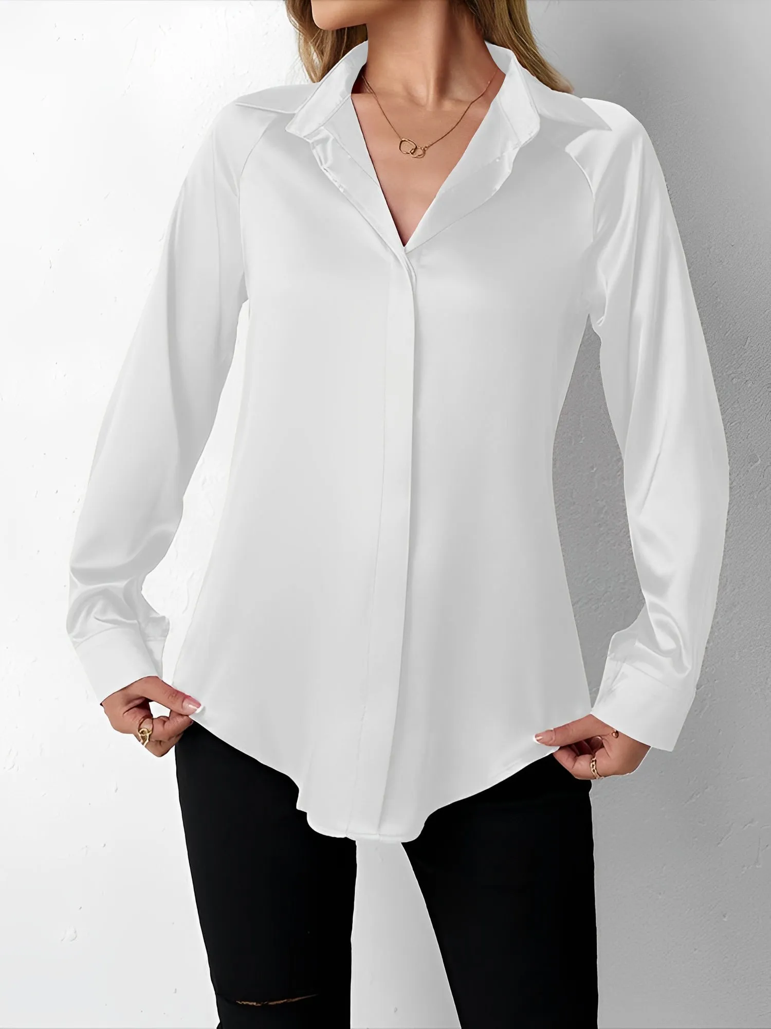 Satin Collared Solid Color Long Sleeves Work Blouse sold by Allegra K product image thumbnail 4