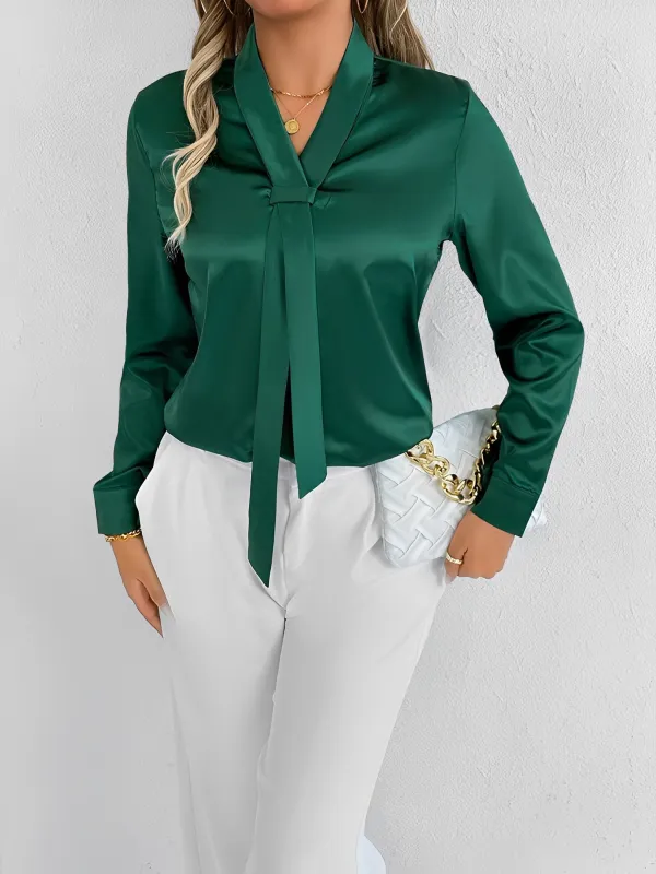 Satin Tie Neck Long Sleeves Work Office Blouse sold by Allegra K