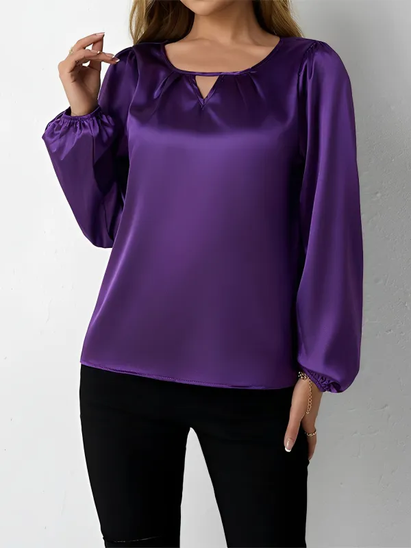 Satin Round Neck Keyhole Long Sleeves Blouse sold by Allegra K