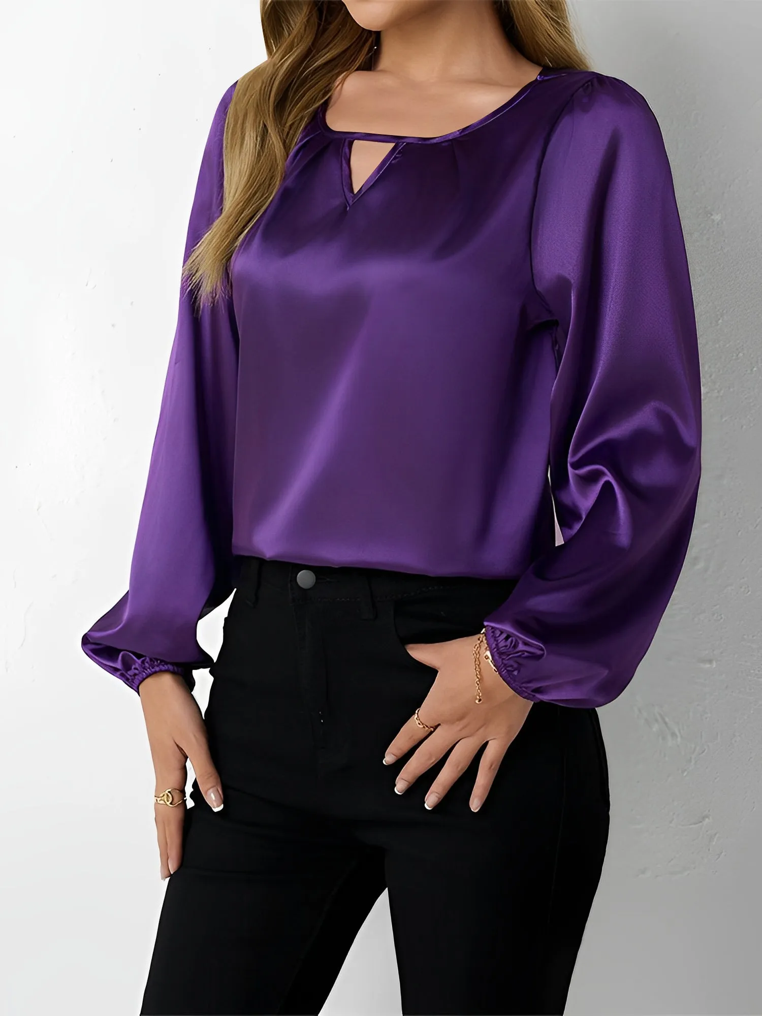 Satin Round Neck Keyhole Long Sleeves Blouse sold by Allegra K product image thumbnail 4