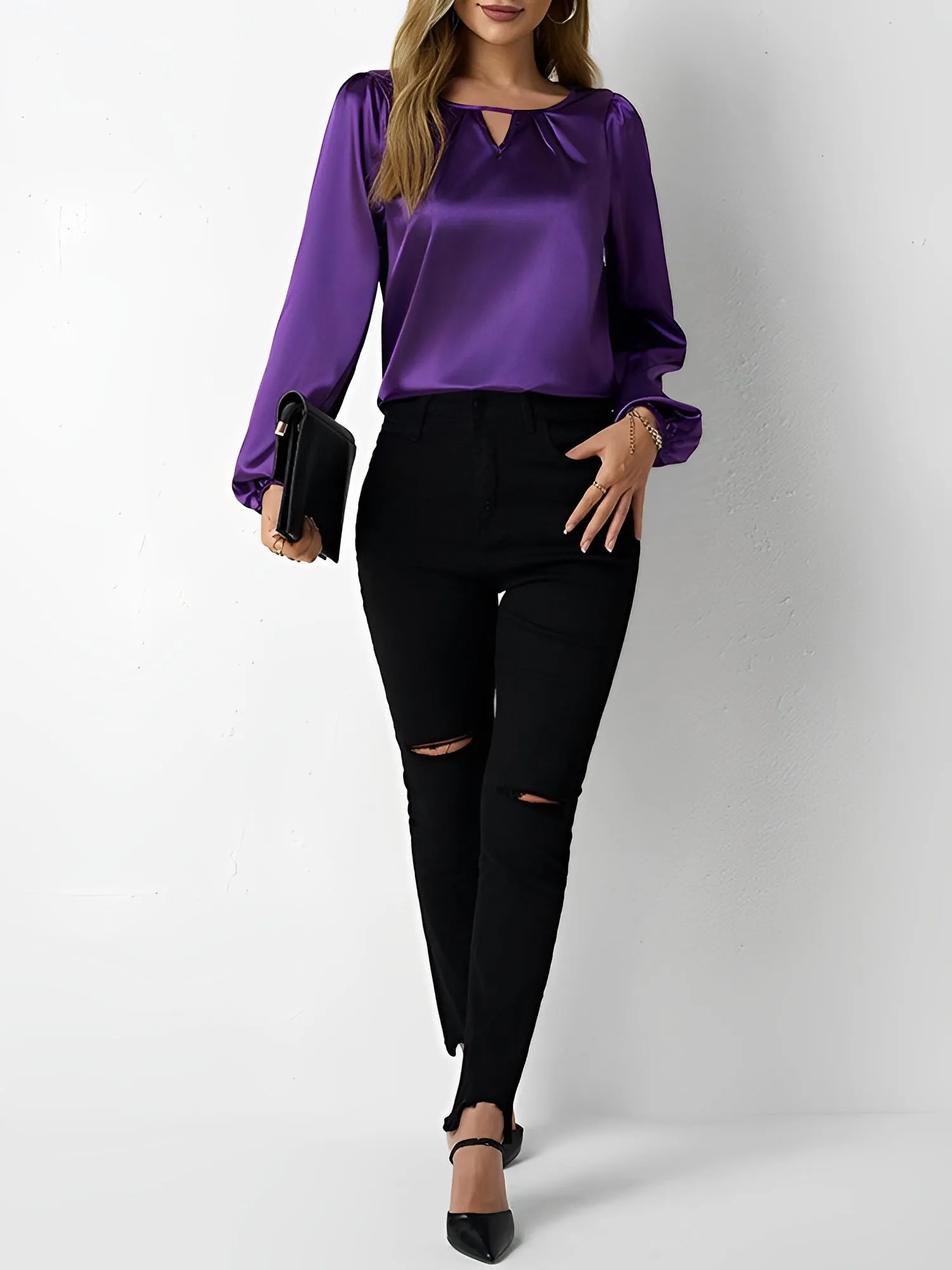 Satin Round Neck Keyhole Long Sleeves Blouse sold by Allegra K product image thumbnail 3