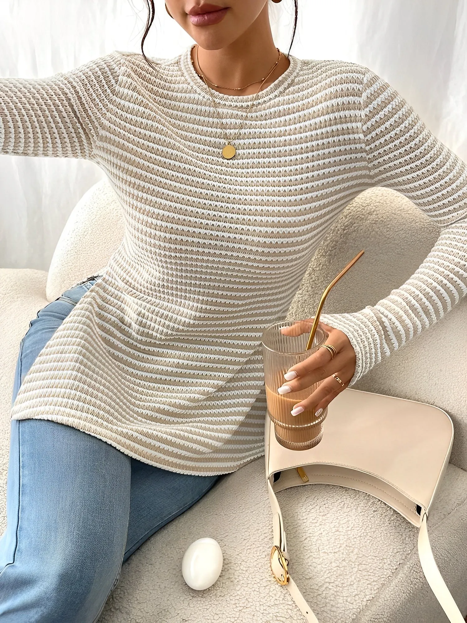 Round Neck Slit Long Sleeve Striped Blouse sold by Allegra K product image thumbnail 5