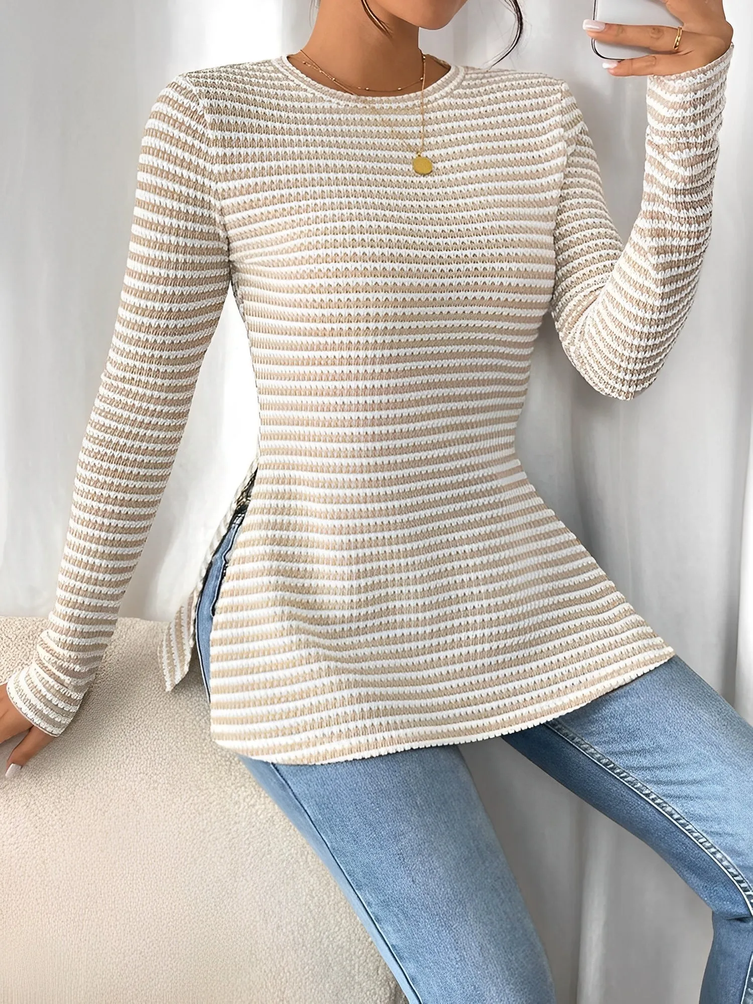 Round Neck Slit Long Sleeve Striped Blouse sold by Allegra K product image thumbnail 4