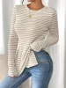 Round Neck Slit Long Sleeve Striped Blouse sold by Allegra K
