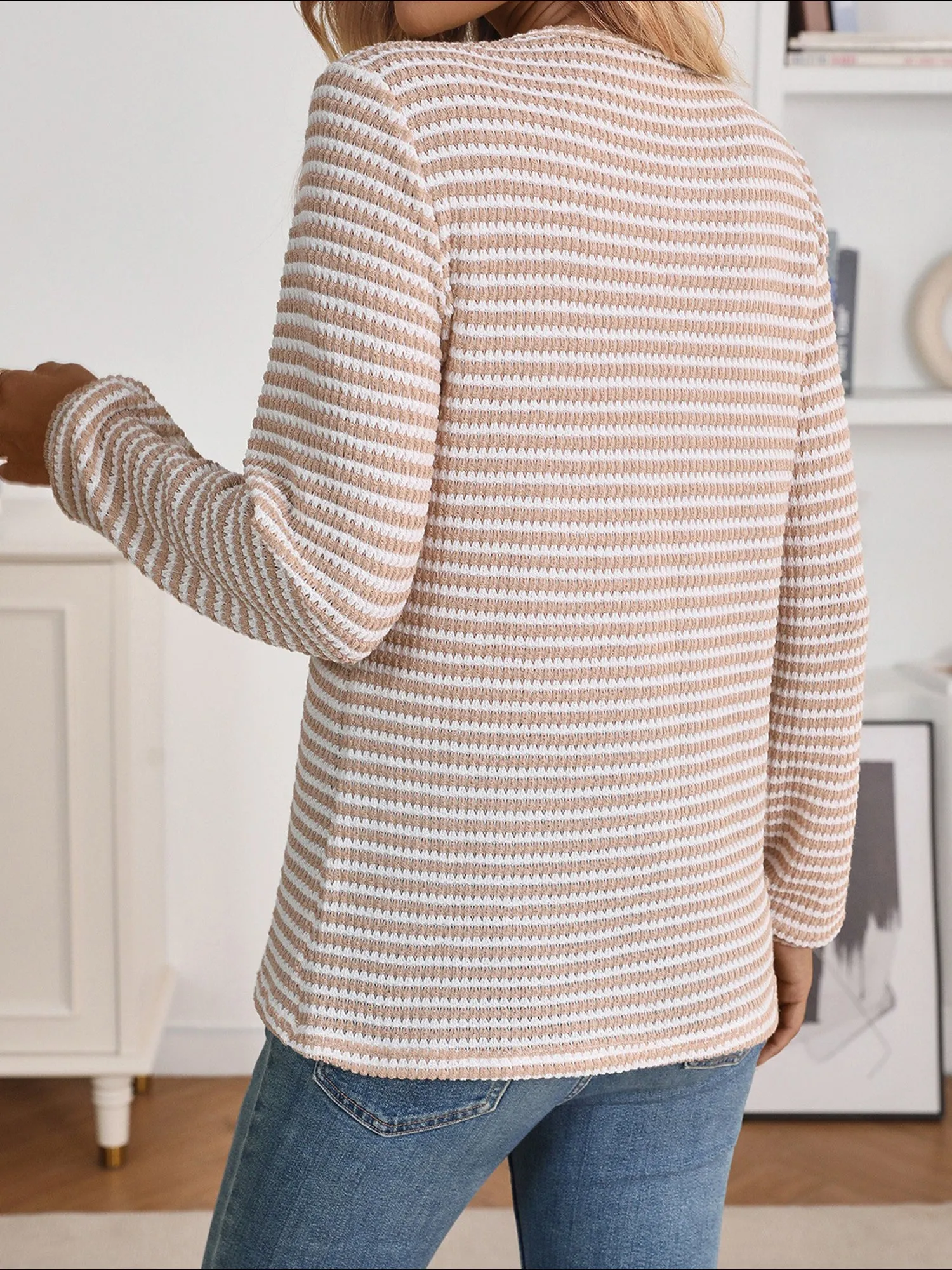Button Notch Neck Striped Long Sleeves Knit Blouse sold by Allegra K product image thumbnail 2