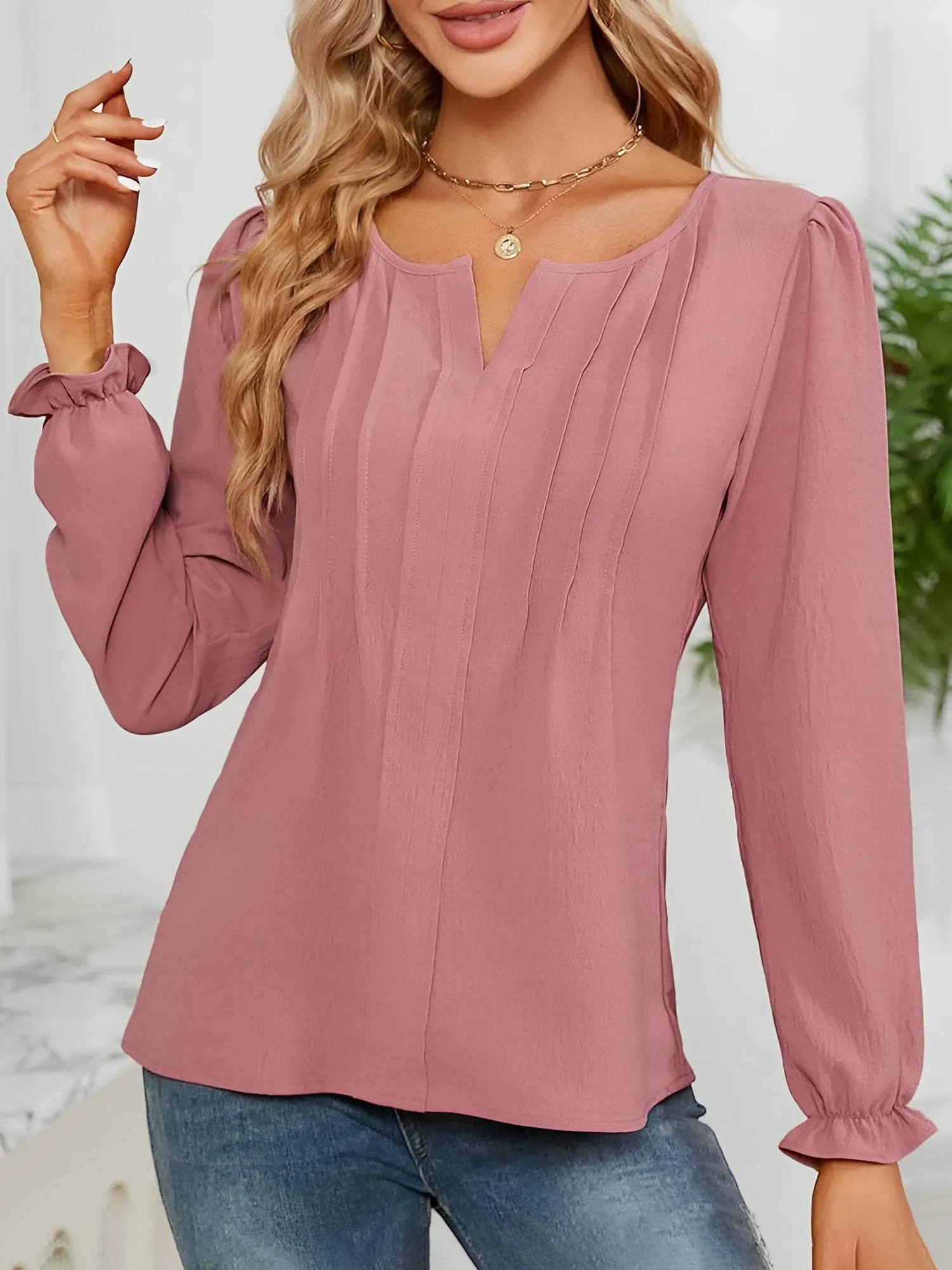 Solid Color Notch Neck Long Sleeves Pleated Blouse sold by Allegra K