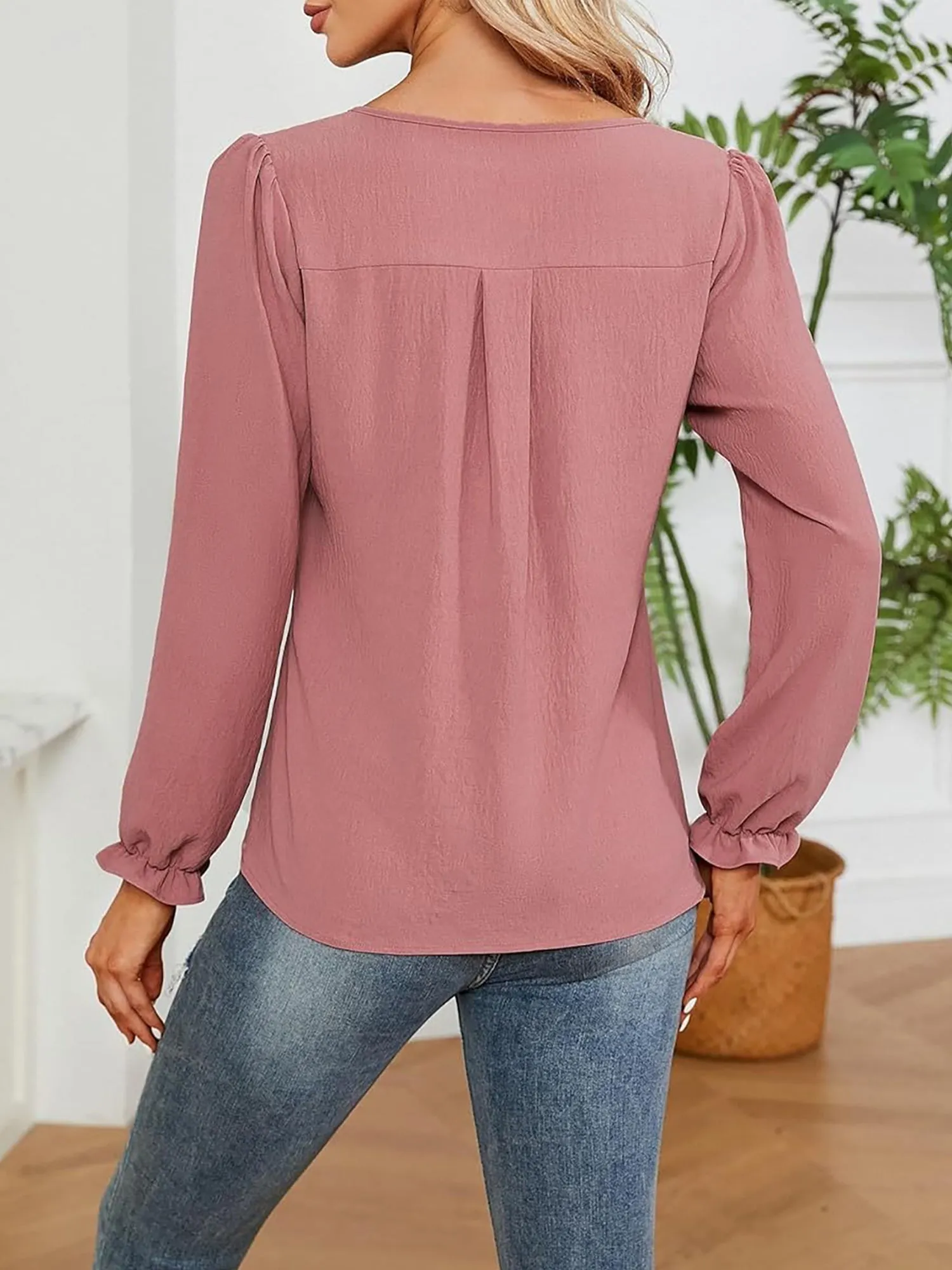 Solid Color Notch Neck Long Sleeves Pleated Blouse sold by Allegra K product image thumbnail 2
