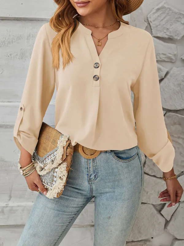 Notch Neck Buttoned Long Sleeves Casual Blouse sold by Allegra K