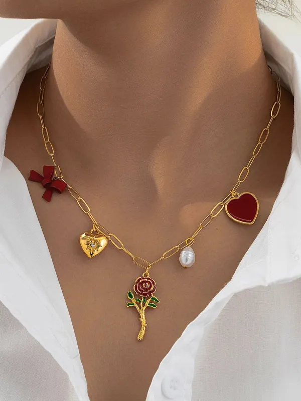 Alloy Flower Heart Bow Multi Charm Necklace sold by Allegra K