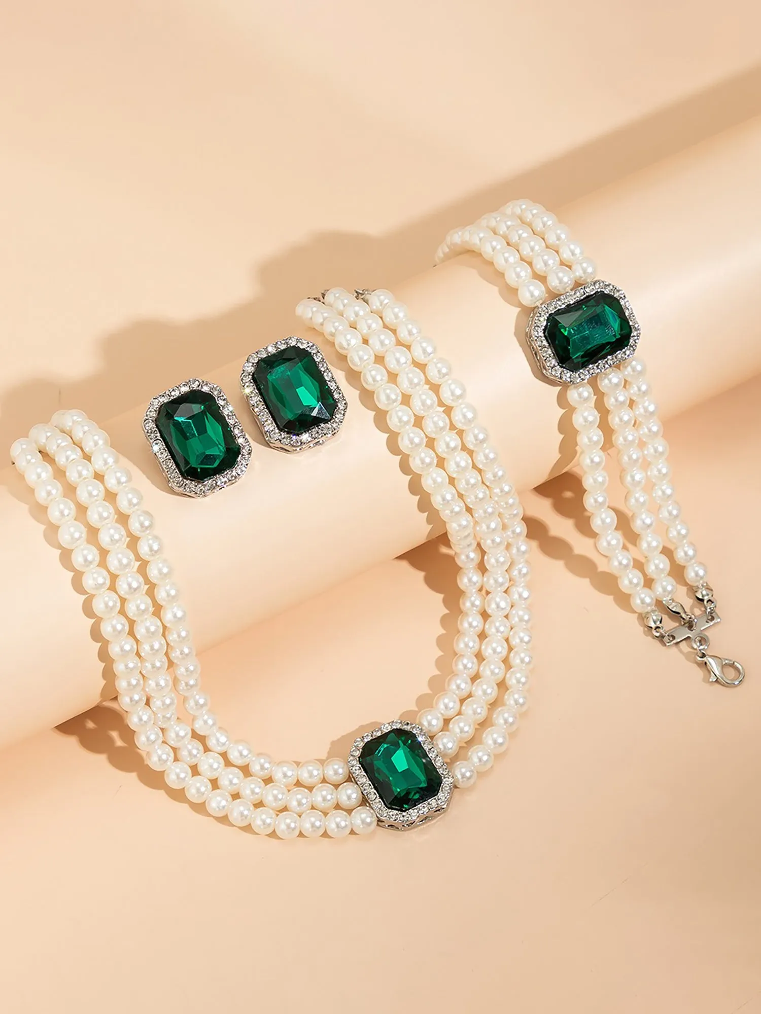 Imitation Pearl Faux Gemstone Necklace Bracelet Earrings Set sold by Allegra K product image thumbnail 4
