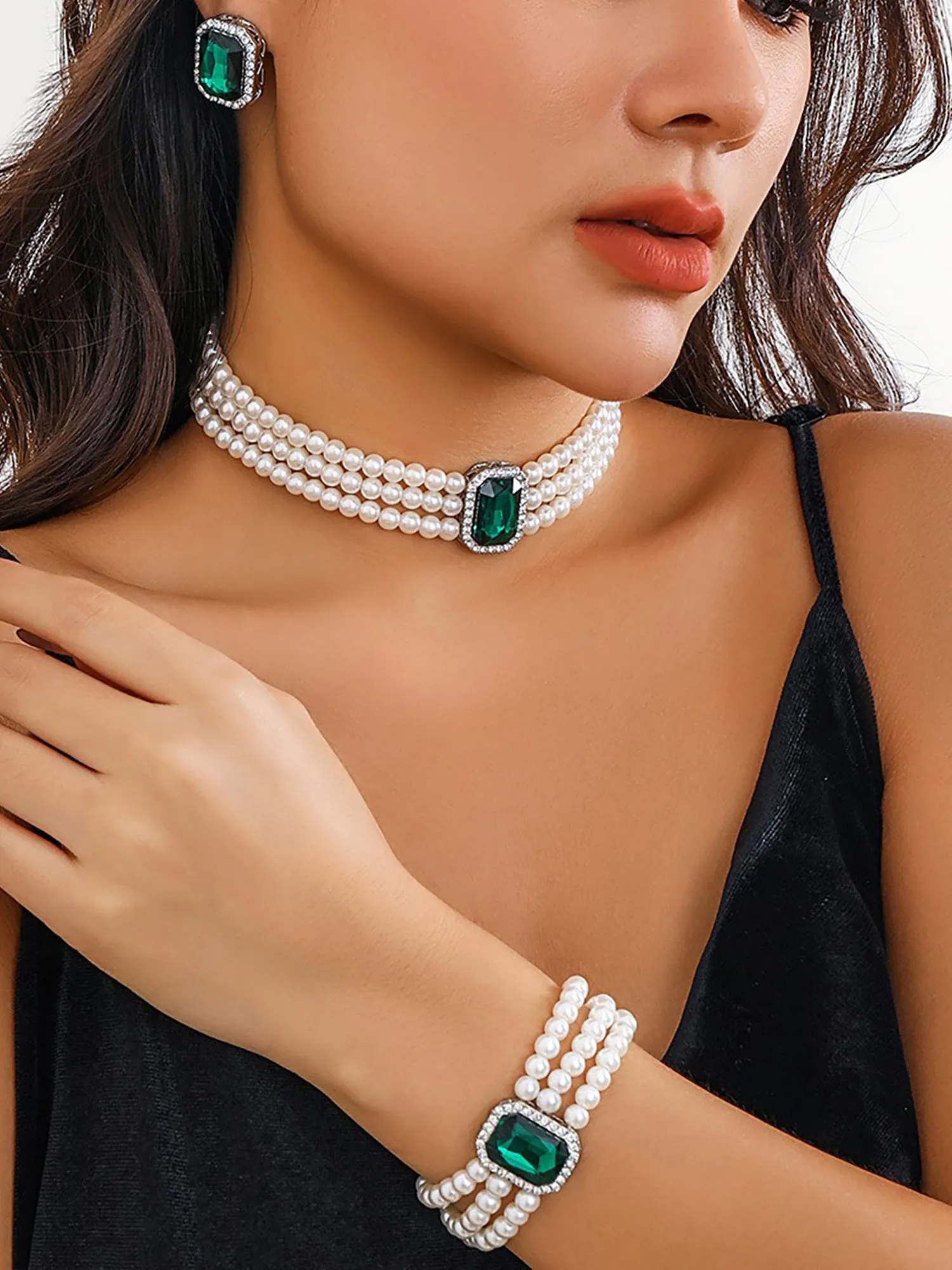 Imitation Pearl Faux Gemstone Necklace Bracelet Earrings Set sold by Allegra K product image thumbnail 3