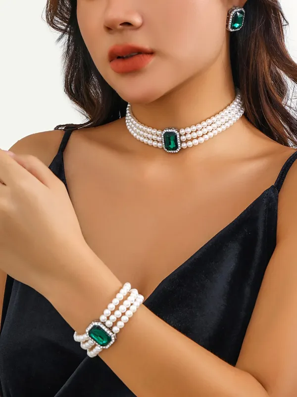 Imitation Pearl Faux Gemstone Necklace Bracelet Earrings Set sold by Allegra K