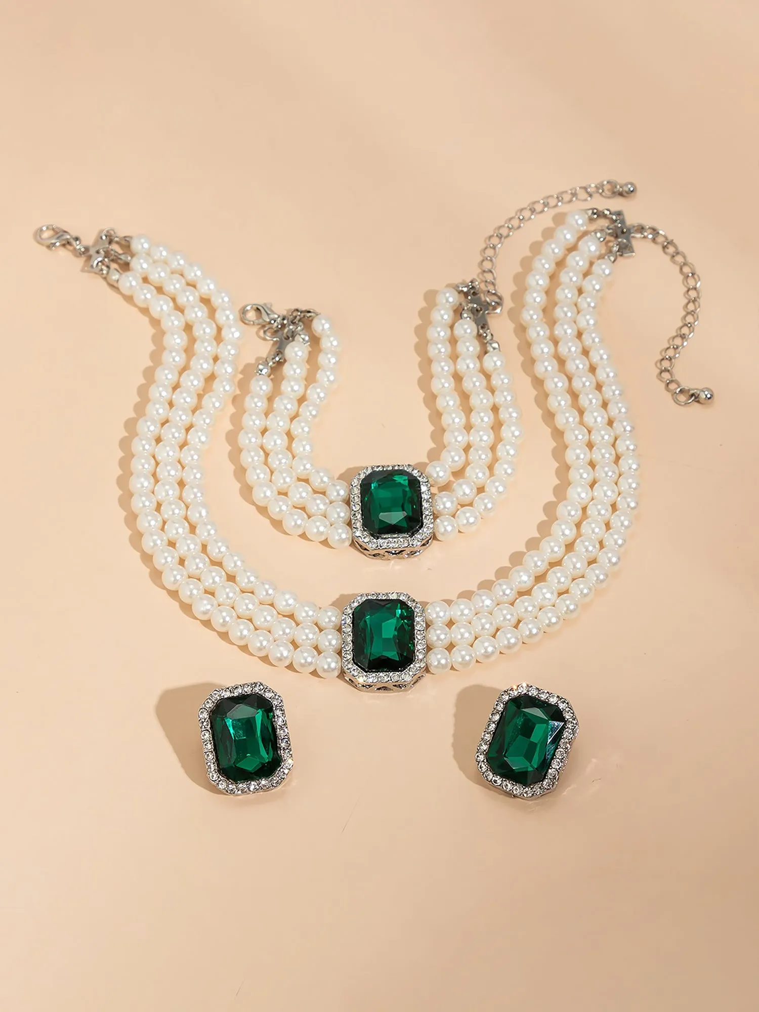 Imitation Pearl Faux Gemstone Necklace Bracelet Earrings Set sold by Allegra K product image thumbnail 5