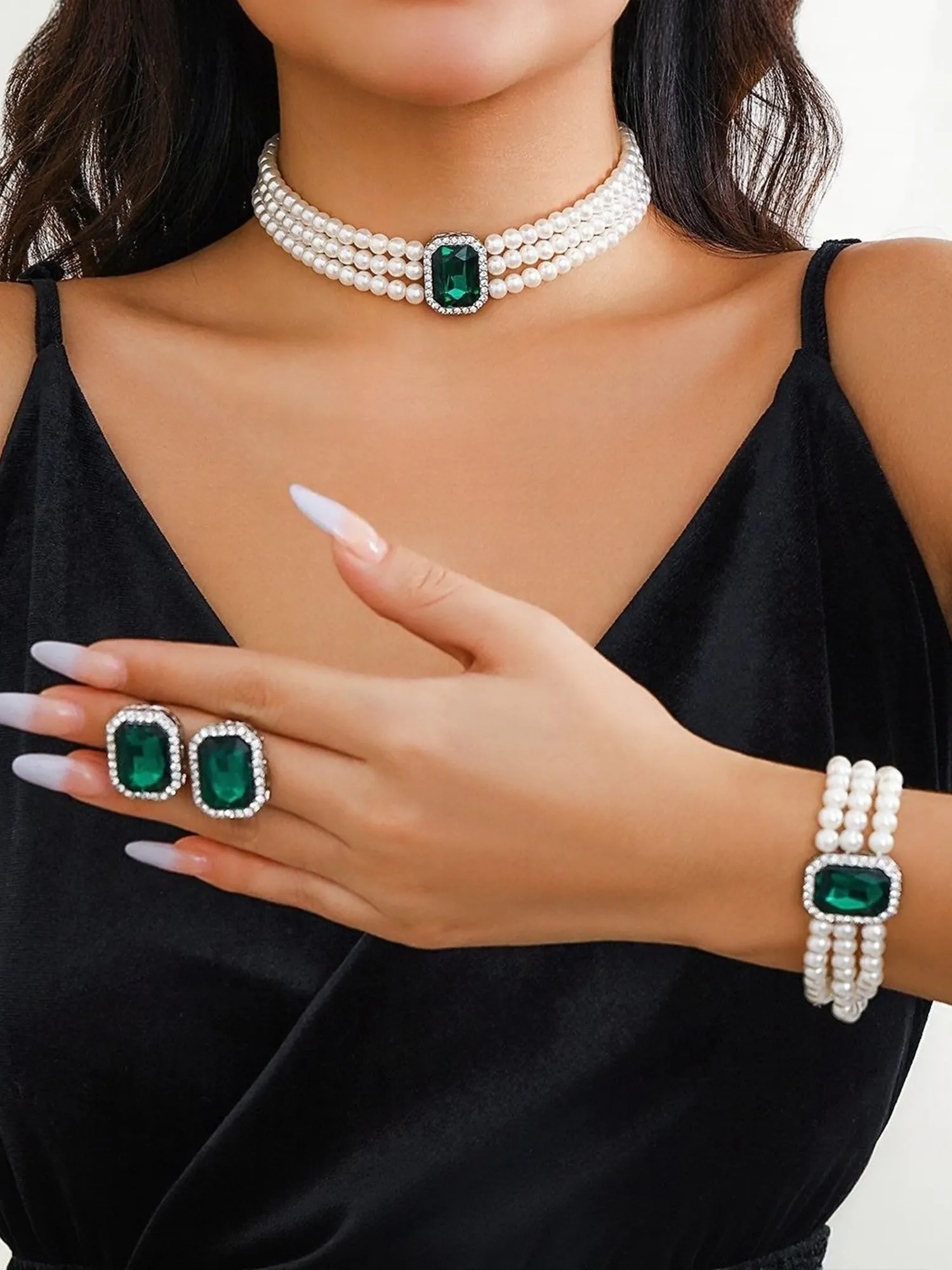 Imitation Pearl Faux Gemstone Necklace Bracelet Earrings Set sold by Allegra K product image thumbnail 2