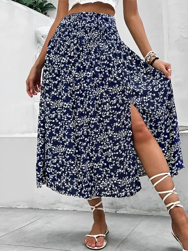 Floral Smocked Waist Slit Midi A-Line Skirt sold by Allegra K