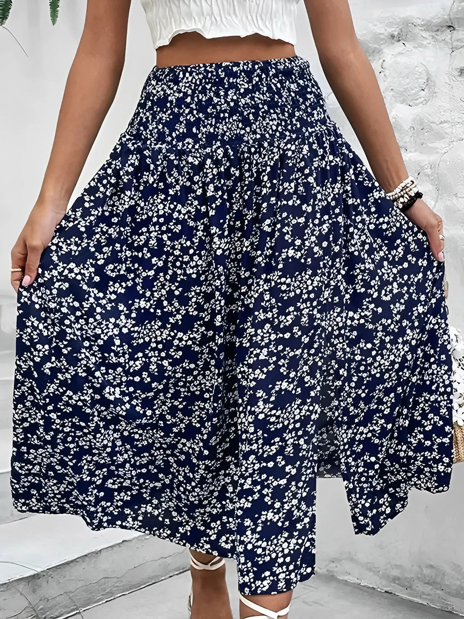 Floral Smocked Waist Slit Midi A-Line Skirt sold by Allegra K product image thumbnail 5