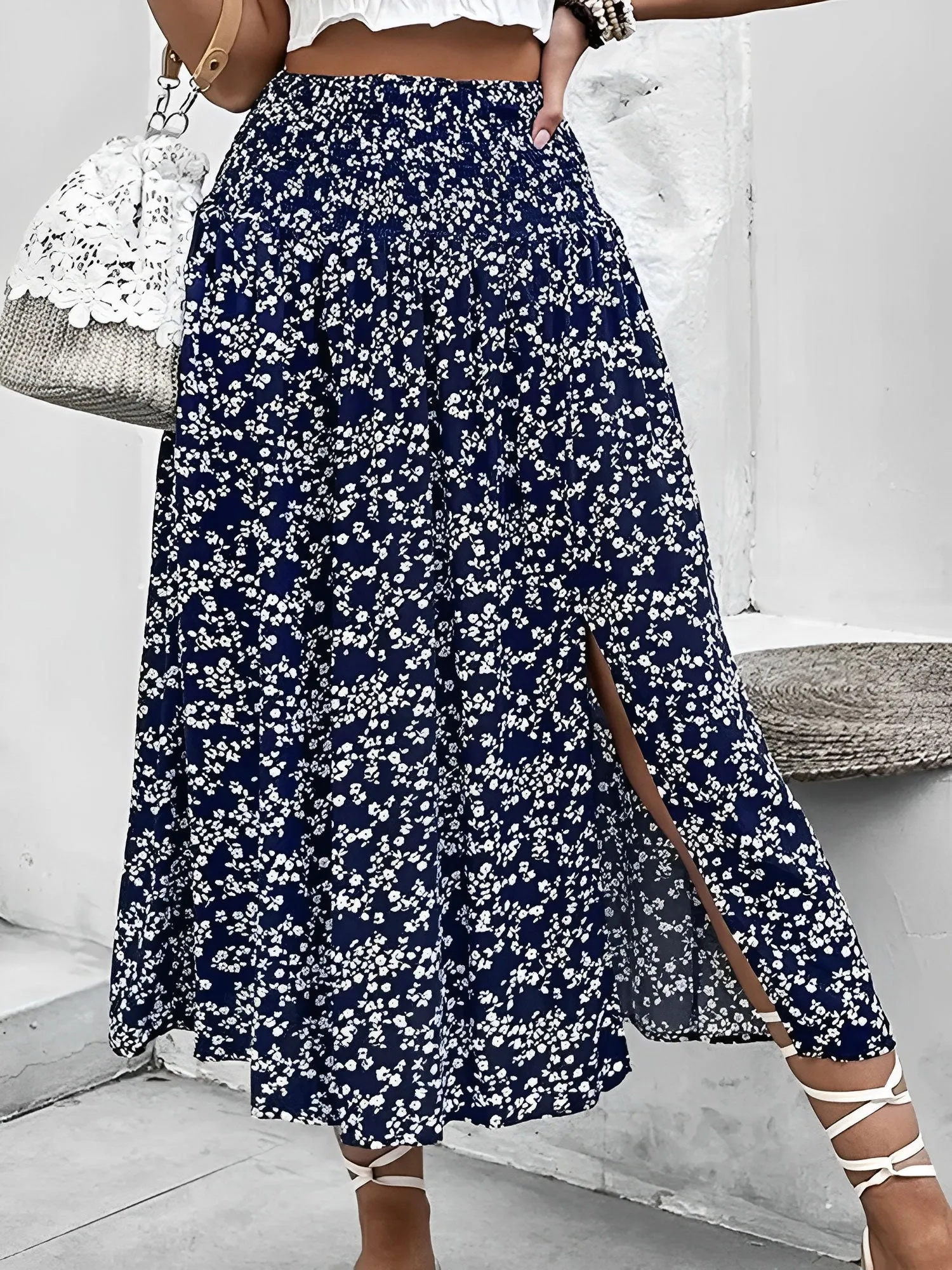 Floral Smocked Waist Slit Midi A-Line Skirt sold by Allegra K product image thumbnail 4