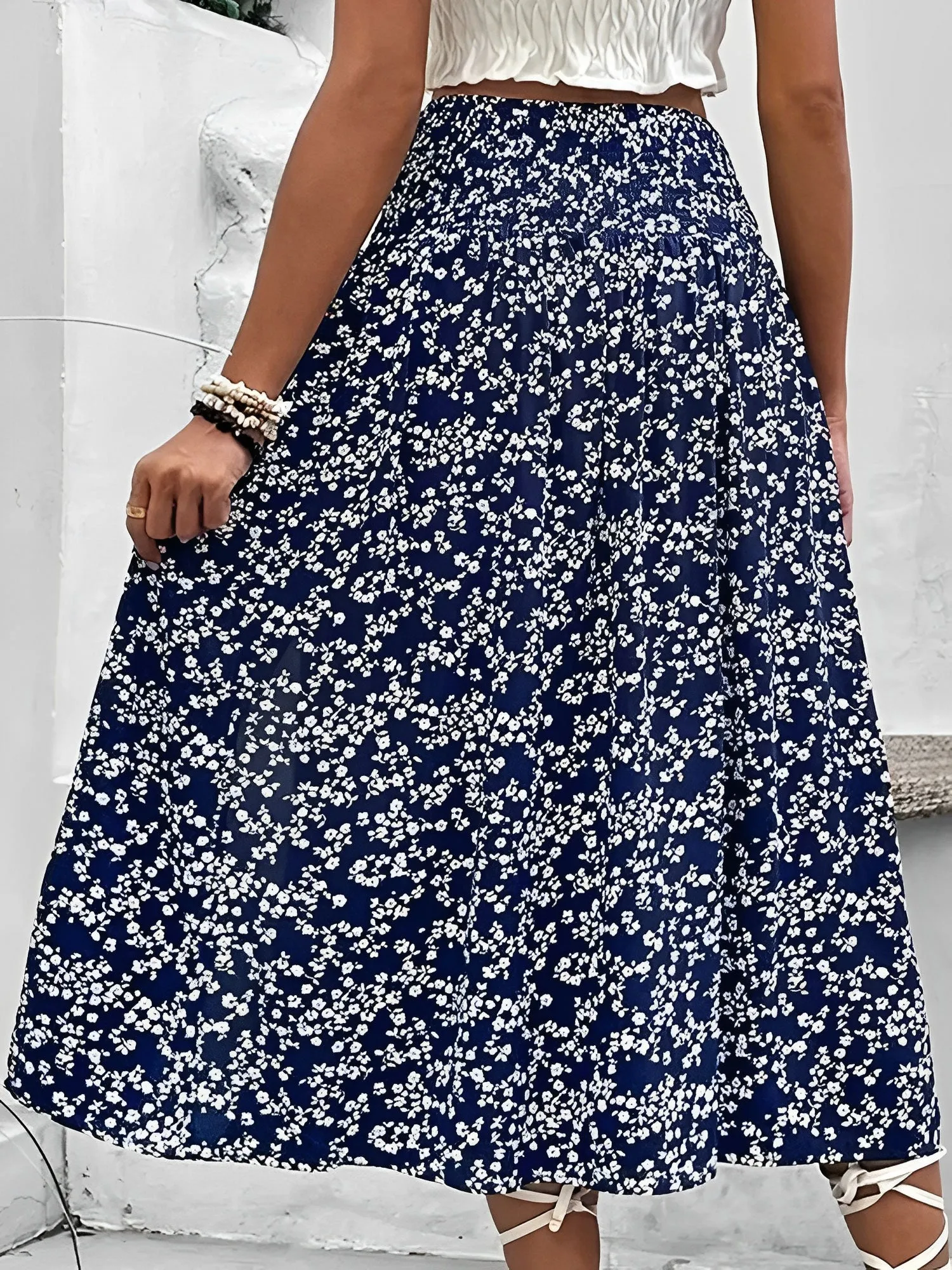Floral Smocked Waist Slit Midi A-Line Skirt sold by Allegra K product image thumbnail 2