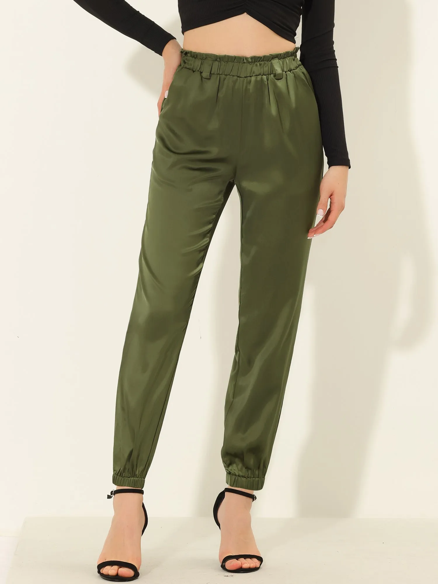 Casual High Waisted Ankle Bow Tie Waist Satin Pocket Pants sold by Allegra K product image thumbnail 2