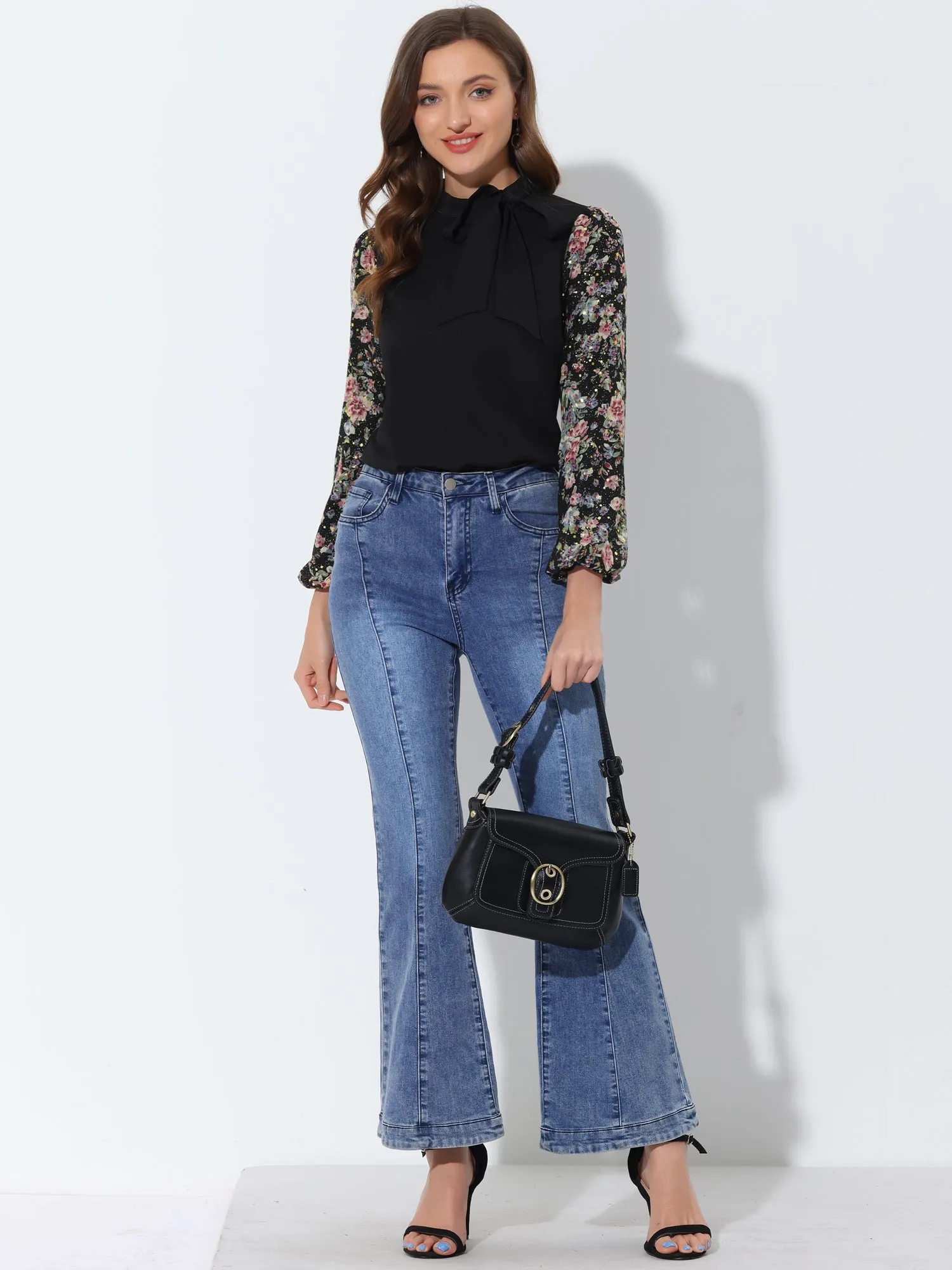 Elegant Floral Contrast Puff Long Sleeve Tie Neck Work Blouse Top sold by Allegra K product image thumbnail 2