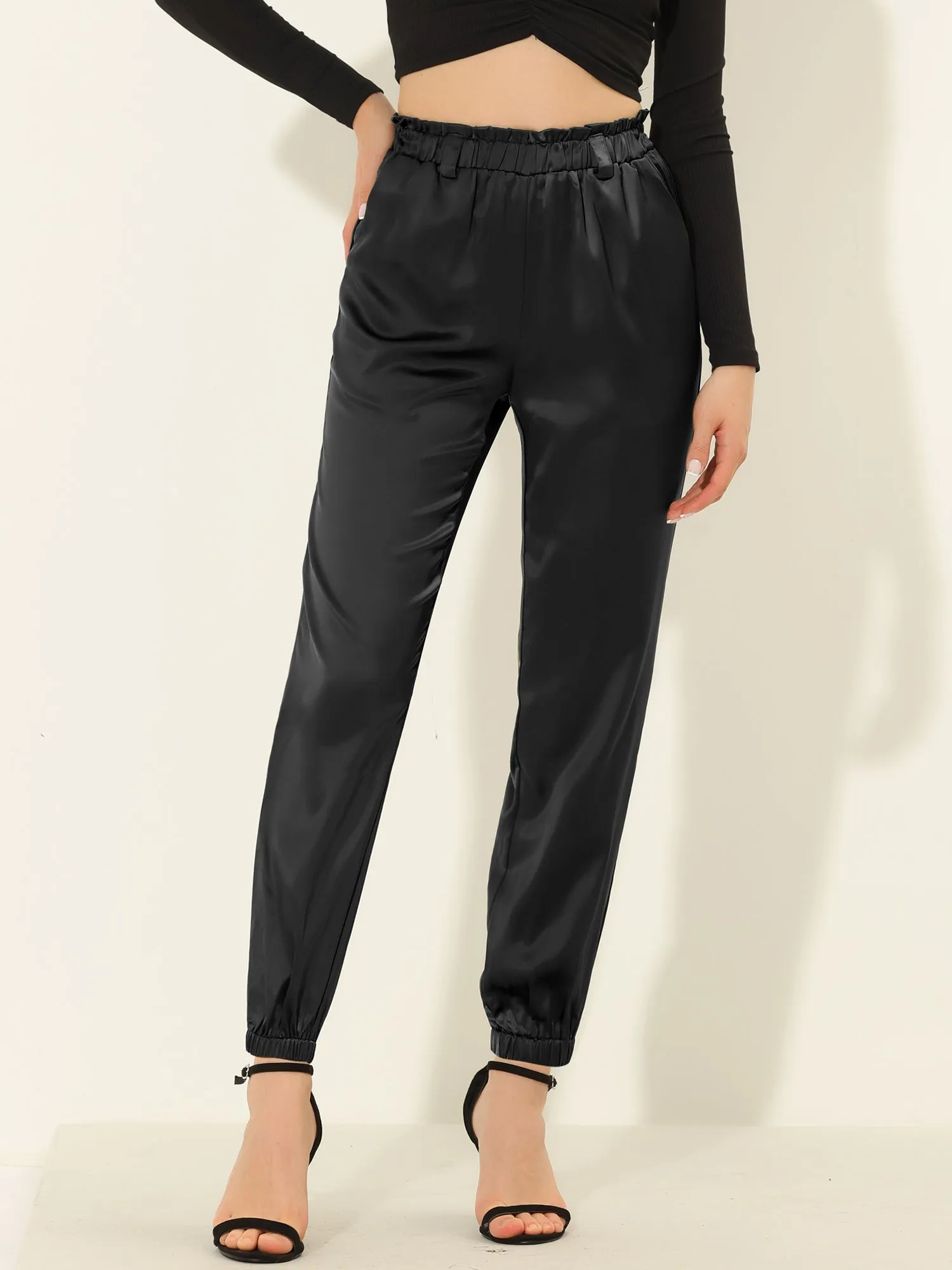 Casual High Waisted Ankle Bow Tie Waist Satin Pocket Pants sold by Allegra K