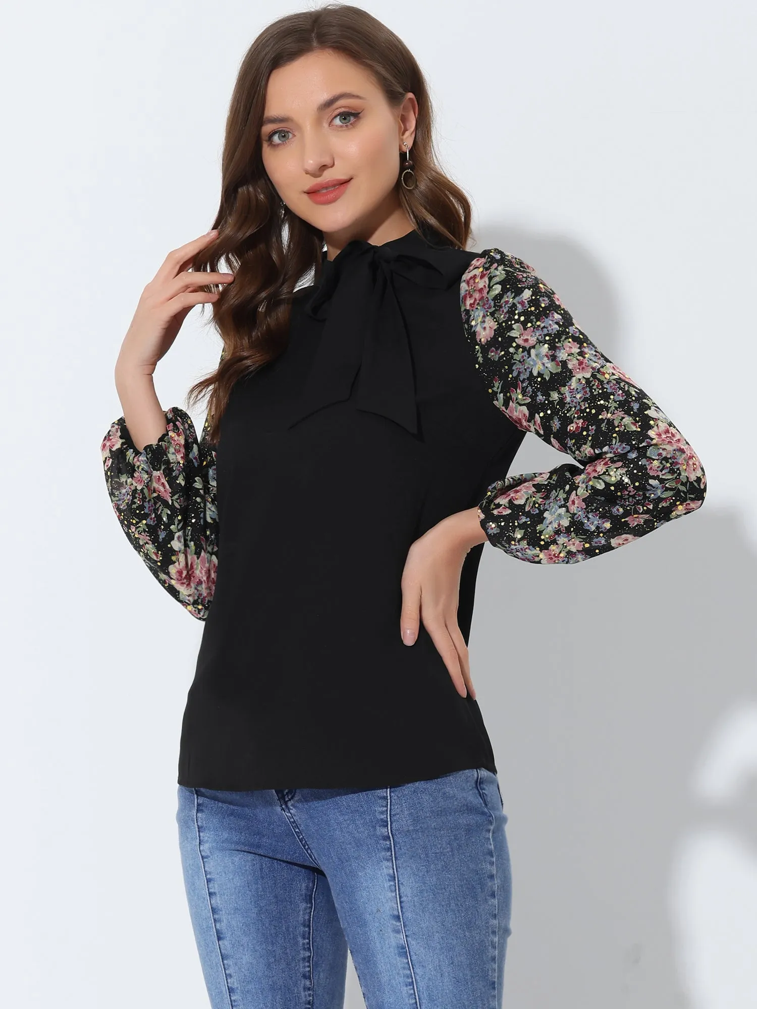 Elegant Floral Contrast Puff Long Sleeve Tie Neck Work Blouse Top sold by Allegra K