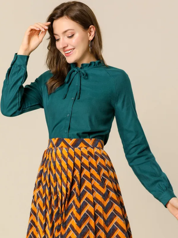 Ruffled Neck Bow Tie Raglan Sleeve Office Cotton Shirt sold by Allegra K