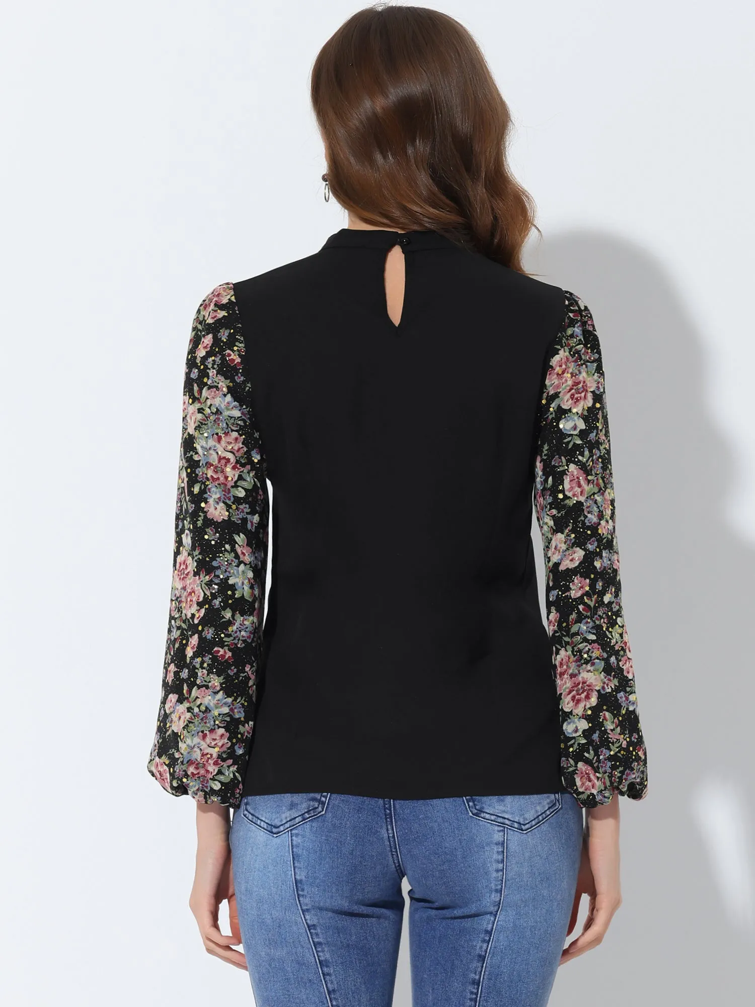 Elegant Floral Contrast Puff Long Sleeve Tie Neck Work Blouse Top sold by Allegra K product image thumbnail 3