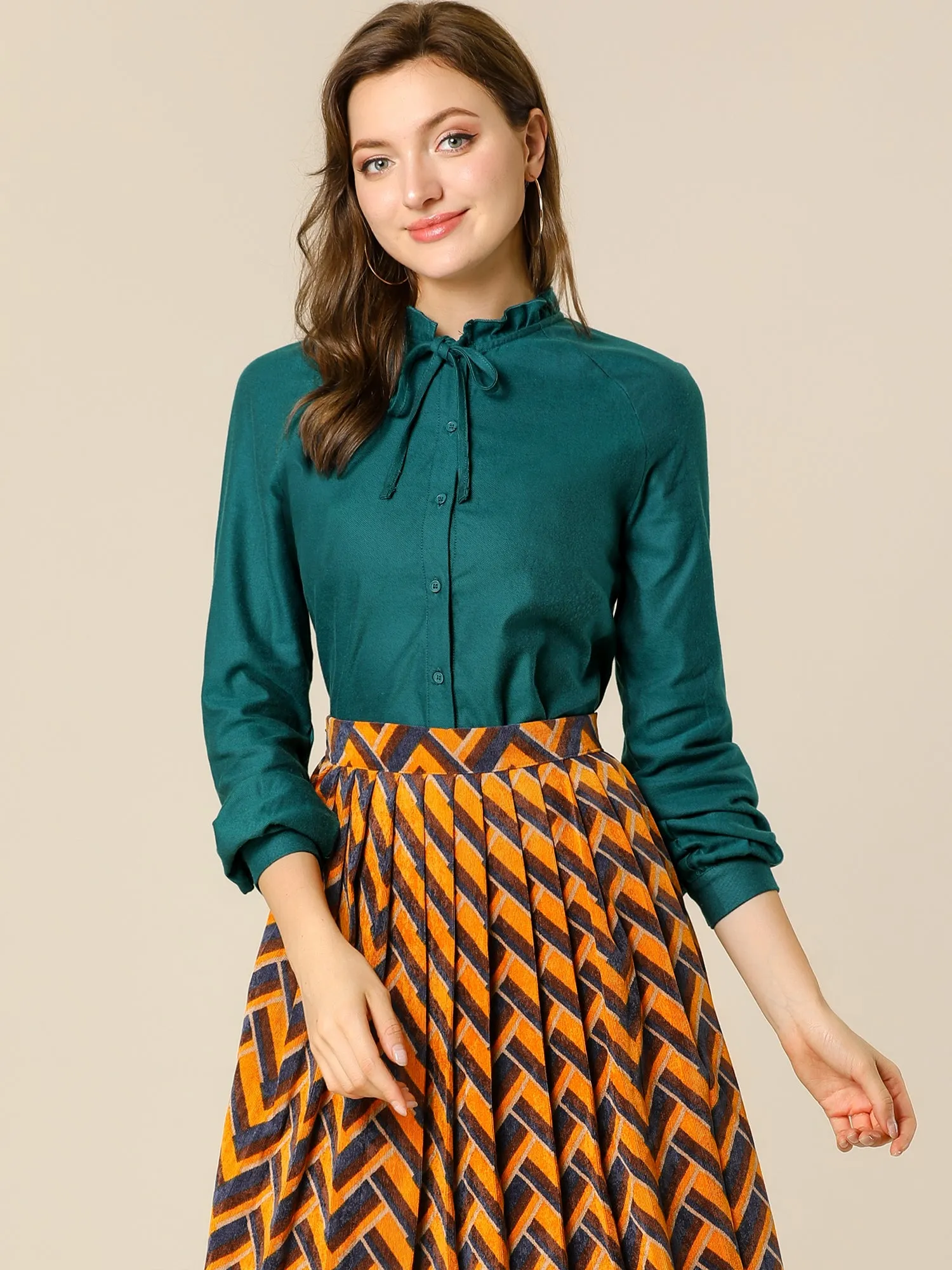 Ruffled Neck Bow Tie Raglan Sleeve Office Cotton Shirt sold by Allegra K product image thumbnail 2