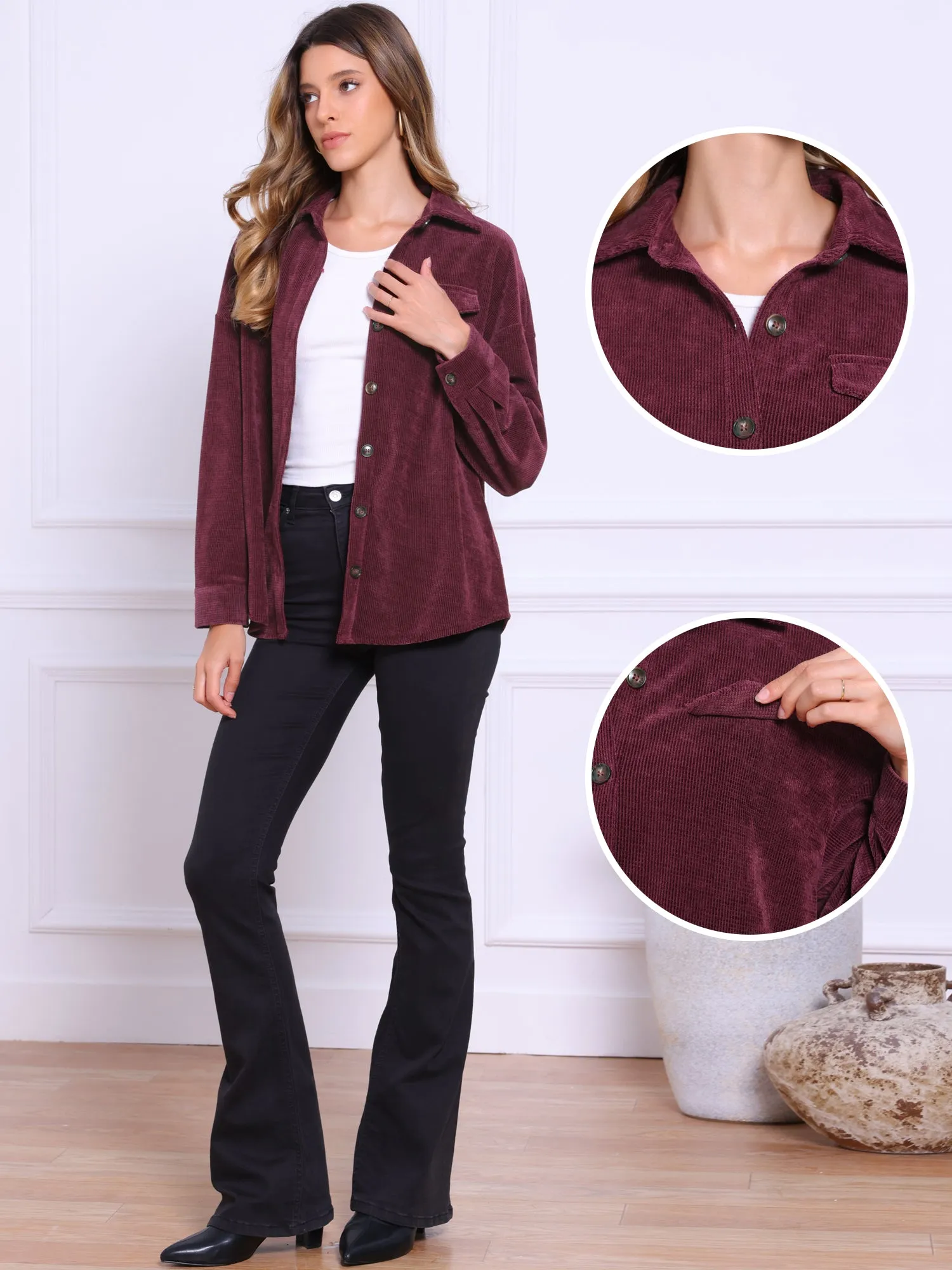 Button Down Long Sleeve Oversized Corduroy Jacket Shacket sold by Allegra K product image thumbnail 3