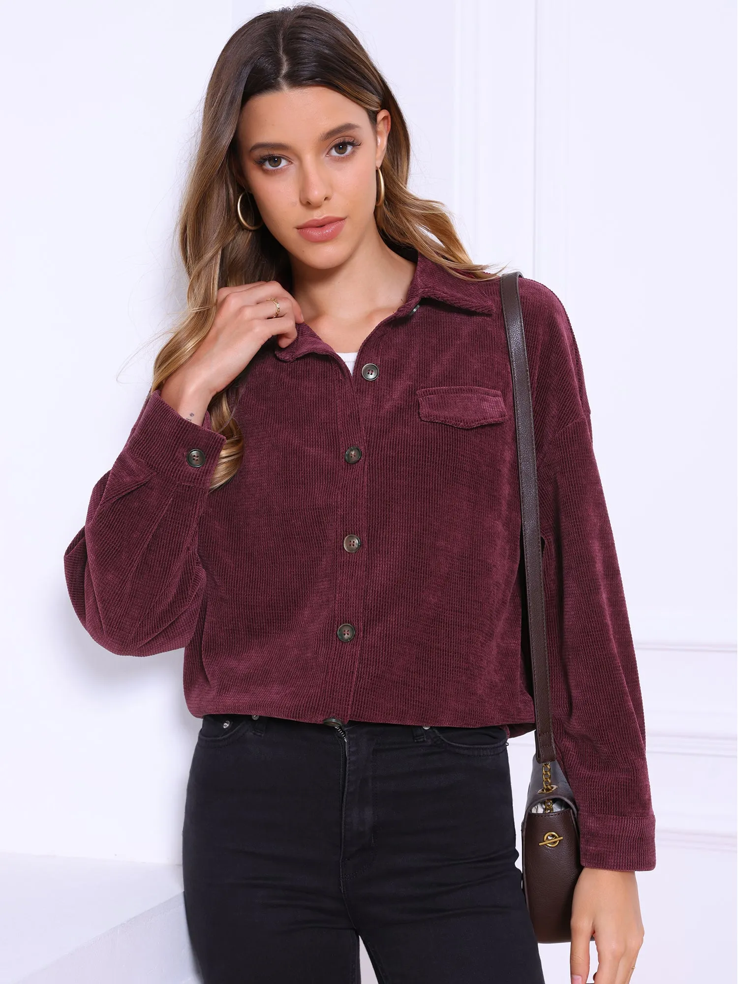 Button Down Long Sleeve Oversized Corduroy Jacket Shacket sold by Allegra K