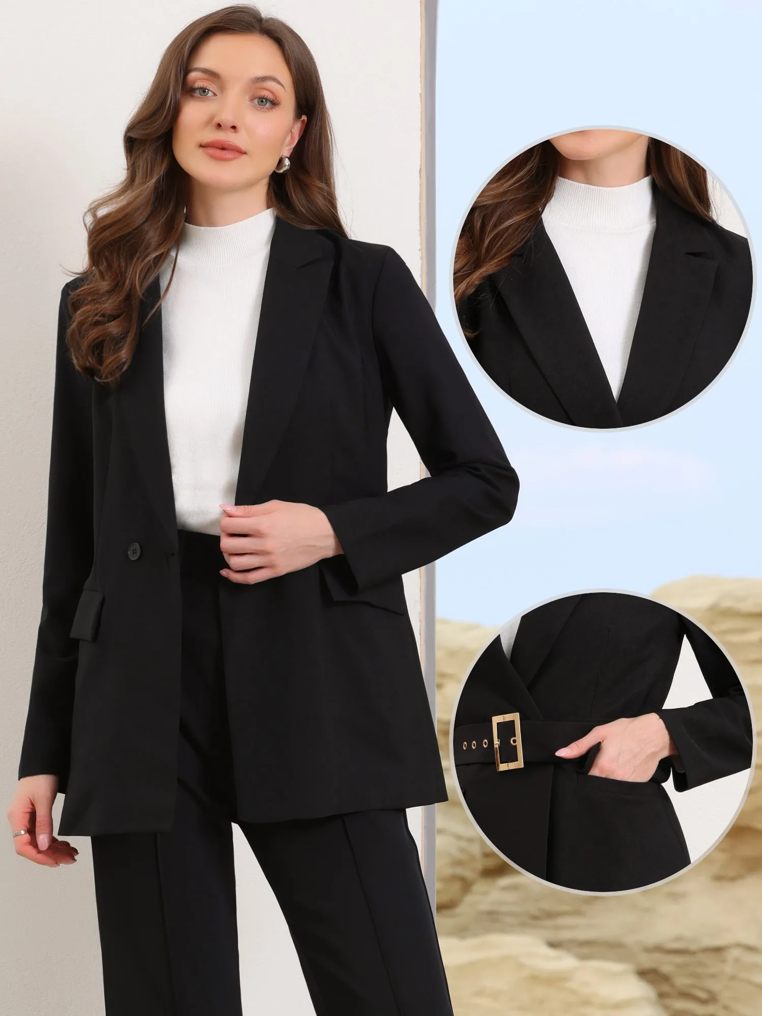 Long Sleeve Collared Business Casual Belted Work Blazer sold by Allegra K