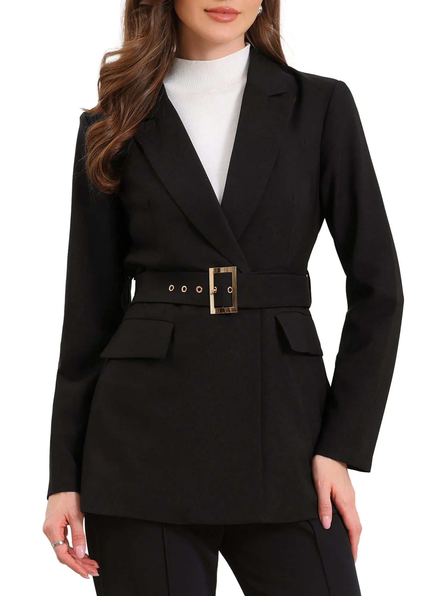 Long Sleeve Collared Business Casual Belted Work Blazer sold by Allegra K product image thumbnail 4
