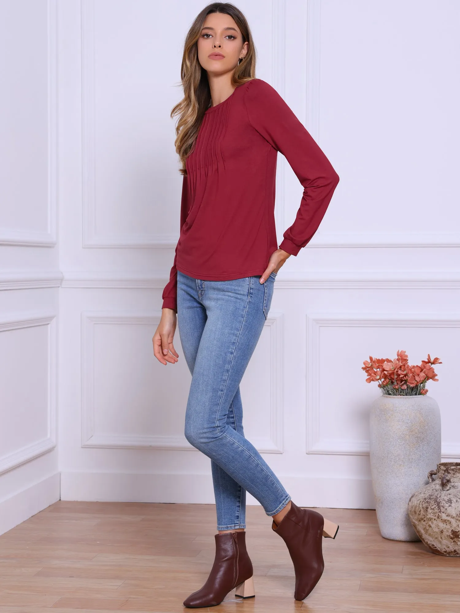 Solid Color Puff Long Sleeve Pleated Casual Blouse sold by Allegra K product image thumbnail 3